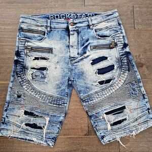 Rockstar Distressed Men's Paint Splattered Denim Shorts Sz 38